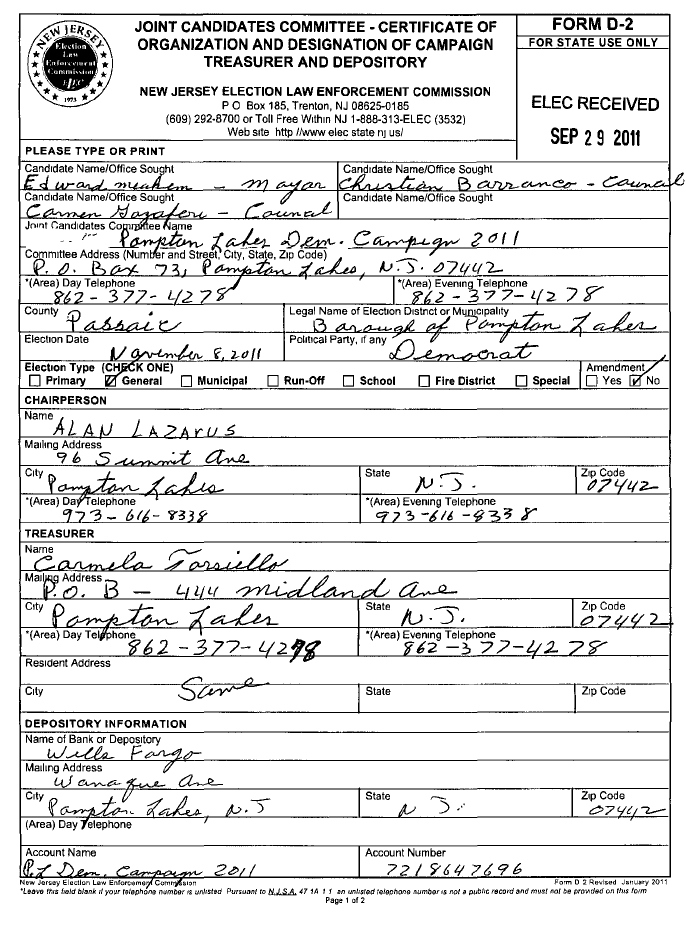 NJ ELEC Form D-2 received September 29, 2011 — Pompton Lakes Dem. Campaign 2011 with Christian Barranco listed as a Council candidate