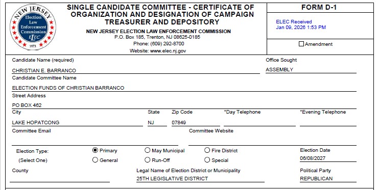 NJ ELEC Form D-1 received January 9, 2026 — Christian E. Barranco, Office Sought: Assembly, 25th Legislative District
