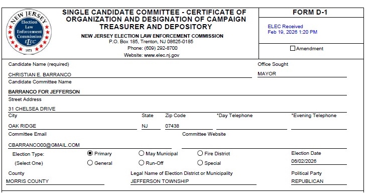 NJ ELEC Form D-1 received February 19, 2026 — Christian E. Barranco, Office Sought: Mayor, Jefferson Township